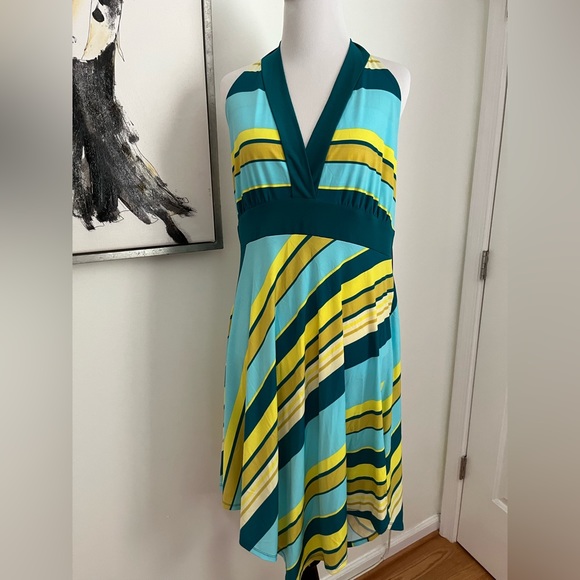 NWT Wild Fable Teal & Yellow Striped Halter A-Line Dress Handkerchief Hem XL - Picture 4 of 14